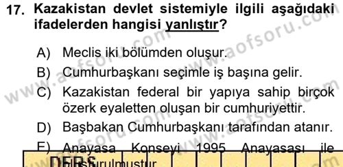 Çağdaş Türk Dünyası Dersi Ara Sınavı Deneme Sınav Soruları 17. Soru