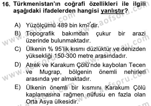 Çağdaş Türk Dünyası Dersi 2015 - 2016 Yılı Tek Ders Sınav Soruları 16. Soru