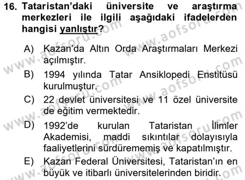 Çağdaş Türk Dünyası Dersi 2016 - 2017 Yılı (Final) Dönem Sonu Sınav Soruları 16. Soru