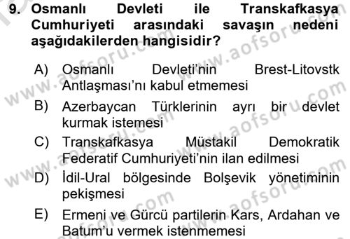 Çağdaş Türk Dünyası Dersi 2017 - 2018 Yılı (Vize) Ara Sınavı 9. Soru