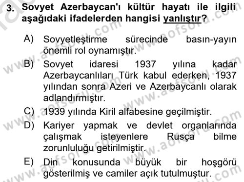 Çağdaş Türk Dünyası Dersi 2018 - 2019 Yılı 3 Ders Sınavı 3. Soru