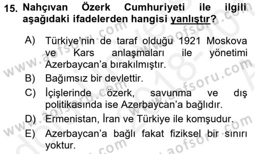 Çağdaş Türk Dünyası Dersi 2018 - 2019 Yılı (Vize) Ara Sınavı 15. Soru