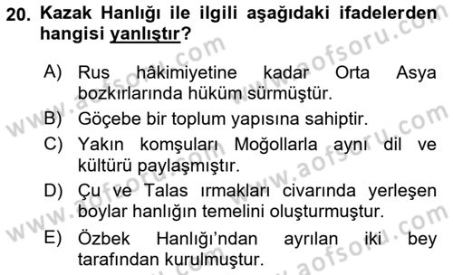 Çağdaş Türk Dünyası Dersi 2019 - 2020 Yılı (Vize) Ara Sınav Soruları 20. Soru