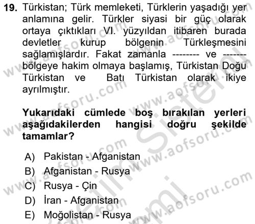 Çağdaş Türk Dünyası Dersi Ara Sınavı Deneme Sınav Soruları 19. Soru