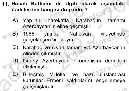 Çağdaş Türk Dünyası Dersi 2023 - 2024 Yılı (Vize) Ara Sınav Soruları 11. Soru