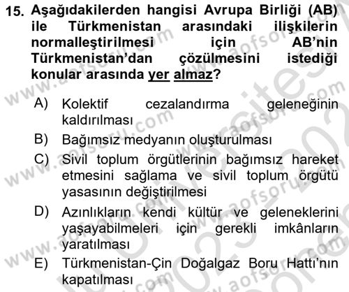 Çağdaş Türk Dünyası Dersi 2023 - 2024 Yılı (Final) Dönem Sonu Sınavı 15. Soru