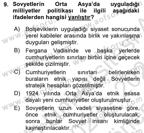 Çağdaş Türk Dünyası Dersi 2023 - 2024 Yılı (Final) Dönem Sonu Sınavı 9. Soru