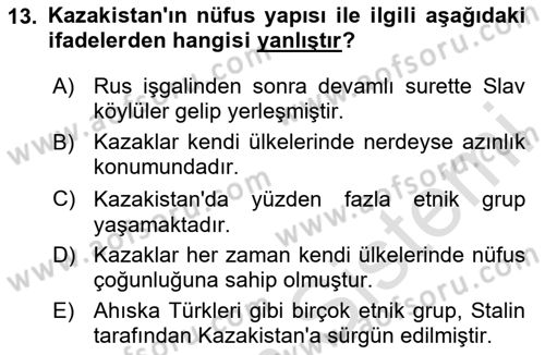 Çağdaş Türk Dünyası Dersi Ara Sınavı Deneme Sınav Soruları 13. Soru