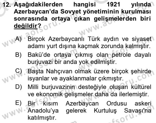 Çağdaş Türk Dünyası Dersi 2025 - 2026 Yılı (Vize) Ara Sınav Soruları 12. Soru