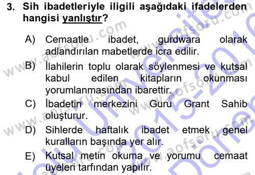 Yaşayan Dünya Dinleri Dersi 2015 - 2016 Yılı (Final) Dönem Sonu Sınav Soruları 3. Soru