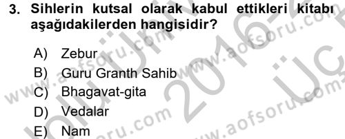 Yaşayan Dünya Dinleri Dersi 2016 - 2017 Yılı 3 Ders Sınav Soruları 3. Soru