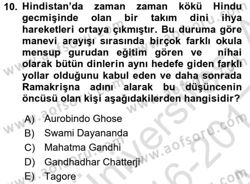 Yaşayan Dünya Dinleri Dersi 2016 - 2017 Yılı (Vize) Ara Sınav Soruları 10. Soru