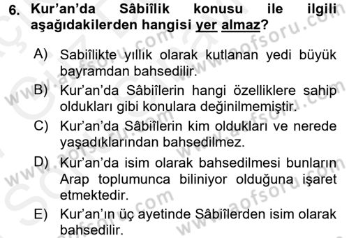 Yaşayan Dünya Dinleri Dersi 2016 - 2017 Yılı (Final) Dönem Sonu Sınav Soruları 6. Soru