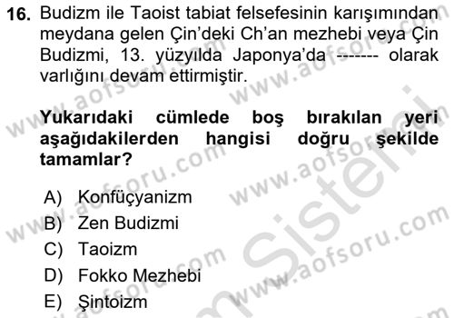 Yaşayan Dünya Dinleri Dersi 2025 - 2026 Yılı (Vize) Ara Sınav Soruları 16. Soru