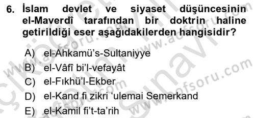 Türk Düşünce Tarihi Dersi 2021 - 2022 Yılı (Vize) Ara Sınav Soruları 6. Soru