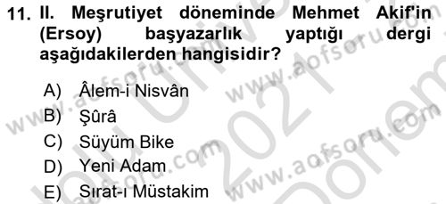 Türk Düşünce Tarihi Dersi 2021 - 2022 Yılı (Final) Dönem Sonu Sınav Soruları 11. Soru