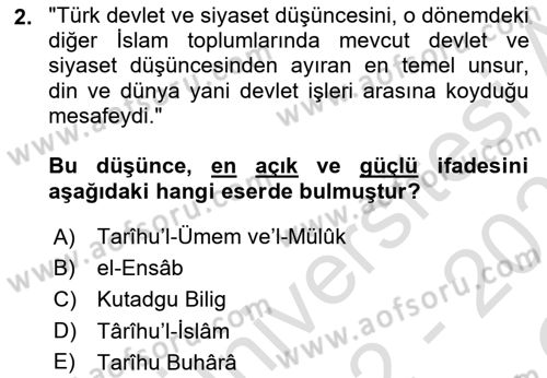 Türk Düşünce Tarihi Dersi 2022 - 2023 Yılı Yaz Okulu Sınav Soruları 2. Soru
