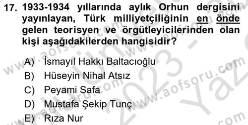 Türk Düşünce Tarihi Dersi 2023 - 2024 Yılı Yaz Okulu Sınav Soruları 17. Soru