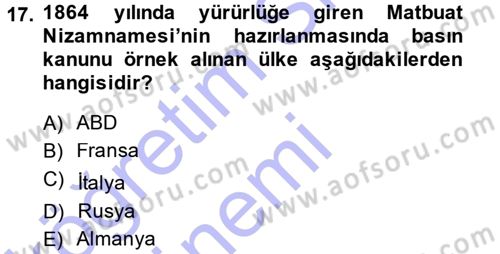 Türk Basın Tarihi Dersi 2014 - 2015 Yılı (Vize) Ara Sınav Soruları 17. Soru