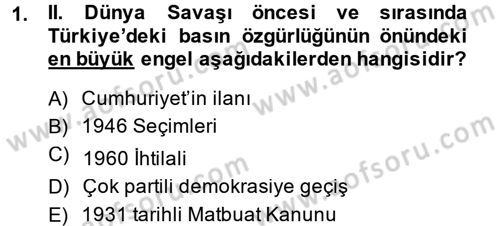 Türk Basın Tarihi Dersi 2014 - 2015 Yılı (Final) Dönem Sonu Sınavı 1. Soru