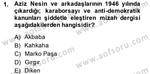 Türk Basın Tarihi Dersi 2014 - 2015 Yılı Tek Ders Sınavı 1. Soru