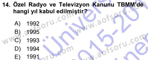 Türk Basın Tarihi Dersi 2015 - 2016 Yılı (Final) Dönem Sonu Sınavı 14. Soru