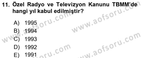 Türk Basın Tarihi Dersi 2015 - 2016 Yılı Tek Ders Sınavı 11. Soru