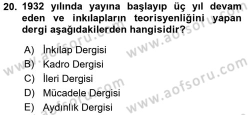 Türk Basın Tarihi Dersi 2015 - 2016 Yılı Tek Ders Sınavı 20. Soru