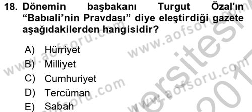 Türk Basın Tarihi Dersi 2016 - 2017 Yılı 3 Ders Sınavı 18. Soru