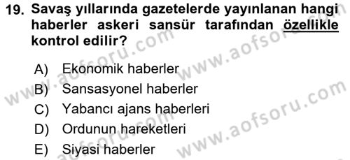 Türk Basın Tarihi Dersi 2016 - 2017 Yılı 3 Ders Sınavı 19. Soru