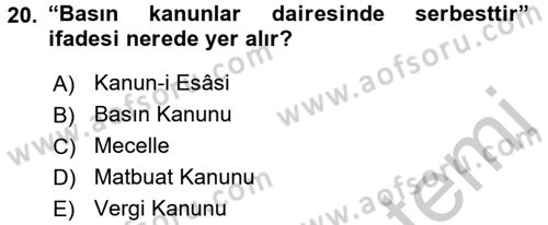 Türk Basın Tarihi Dersi 2016 - 2017 Yılı 3 Ders Sınavı 20. Soru