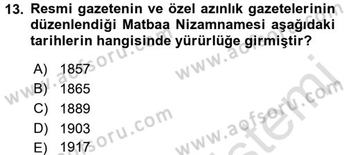 Türk Basın Tarihi Dersi 2016 - 2017 Yılı (Vize) Ara Sınavı 13. Soru