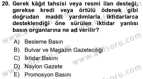 Türk Basın Tarihi Dersi 2016 - 2017 Yılı (Final) Dönem Sonu Sınavı 20. Soru