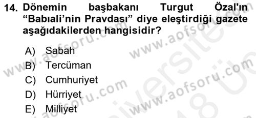 Türk Basın Tarihi Dersi 2017 - 2018 Yılı 3 Ders Sınavı 14. Soru