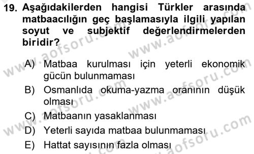 Türk Basın Tarihi Dersi 2017 - 2018 Yılı 3 Ders Sınavı 19. Soru