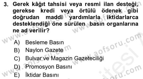 Türk Basın Tarihi Dersi 2017 - 2018 Yılı 3 Ders Sınavı 3. Soru