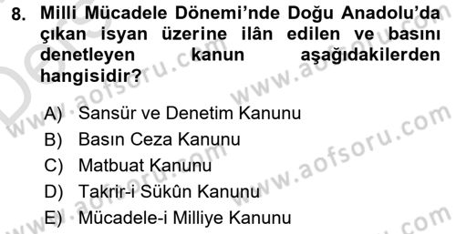 Türk Basın Tarihi Dersi 2018 - 2019 Yılı 3 Ders Sınavı 8. Soru