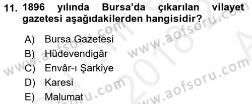 Türk Basın Tarihi Dersi 2018 - 2019 Yılı (Vize) Ara Sınavı 11. Soru