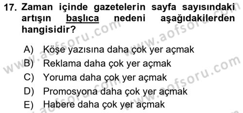 Türk Basın Tarihi Dersi 2018 - 2019 Yılı (Final) Dönem Sonu Sınavı 17. Soru