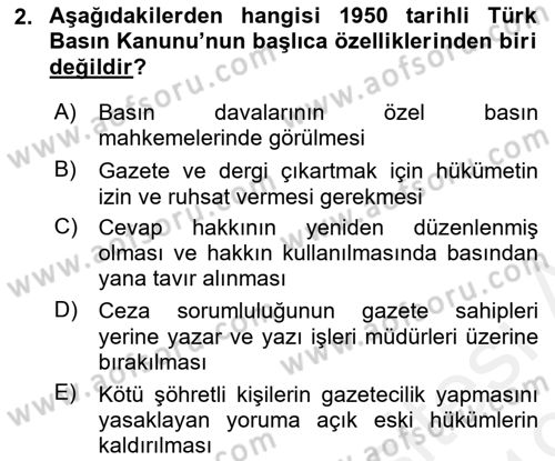 Türk Basın Tarihi Dersi 2018 - 2019 Yılı (Final) Dönem Sonu Sınavı 2. Soru