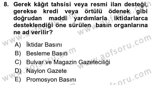 Türk Basın Tarihi Dersi 2018 - 2019 Yılı (Final) Dönem Sonu Sınavı 8. Soru