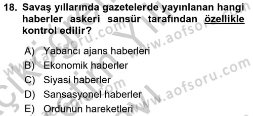 Türk Basın Tarihi Dersi 2018 - 2019 Yılı Yaz Okulu Sınavı 18. Soru