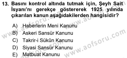 Türk Basın Tarihi Dersi 2019 - 2020 Yılı (Final) Dönem Sonu Sınavı 13. Soru