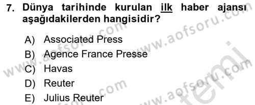 Türk Basın Tarihi Dersi 2019 - 2020 Yılı (Final) Dönem Sonu Sınavı 7. Soru