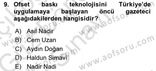 Türk Basın Tarihi Dersi 2019 - 2020 Yılı (Final) Dönem Sonu Sınavı 9. Soru