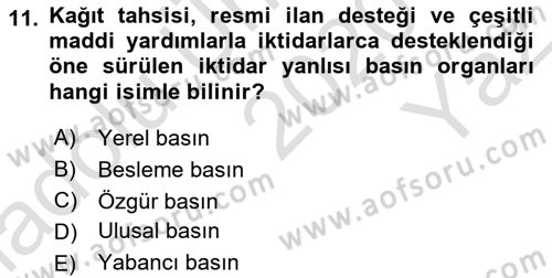 Türk Basın Tarihi Dersi 2020 - 2021 Yılı Yaz Okulu Sınavı 11. Soru