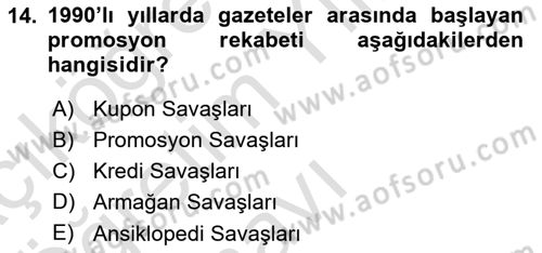 Türk Basın Tarihi Dersi 2020 - 2021 Yılı Yaz Okulu Sınavı 14. Soru