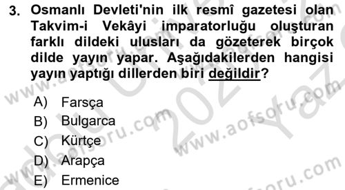 Türk Basın Tarihi Dersi 2020 - 2021 Yılı Yaz Okulu Sınavı 3. Soru