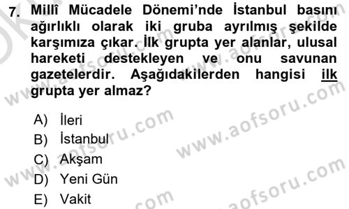 Türk Basın Tarihi Dersi 2020 - 2021 Yılı Yaz Okulu Sınavı 7. Soru