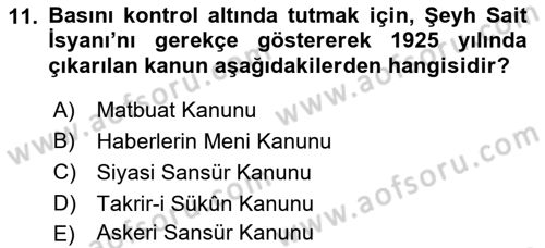 Türk Basın Tarihi Dersi 2021 - 2022 Yılı (Vize) Ara Sınavı 11. Soru